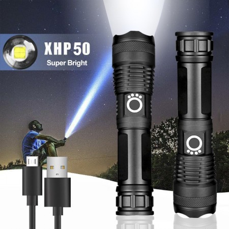 Rechargeable Zoom XHP50  LED Flashlight USB Torch Light